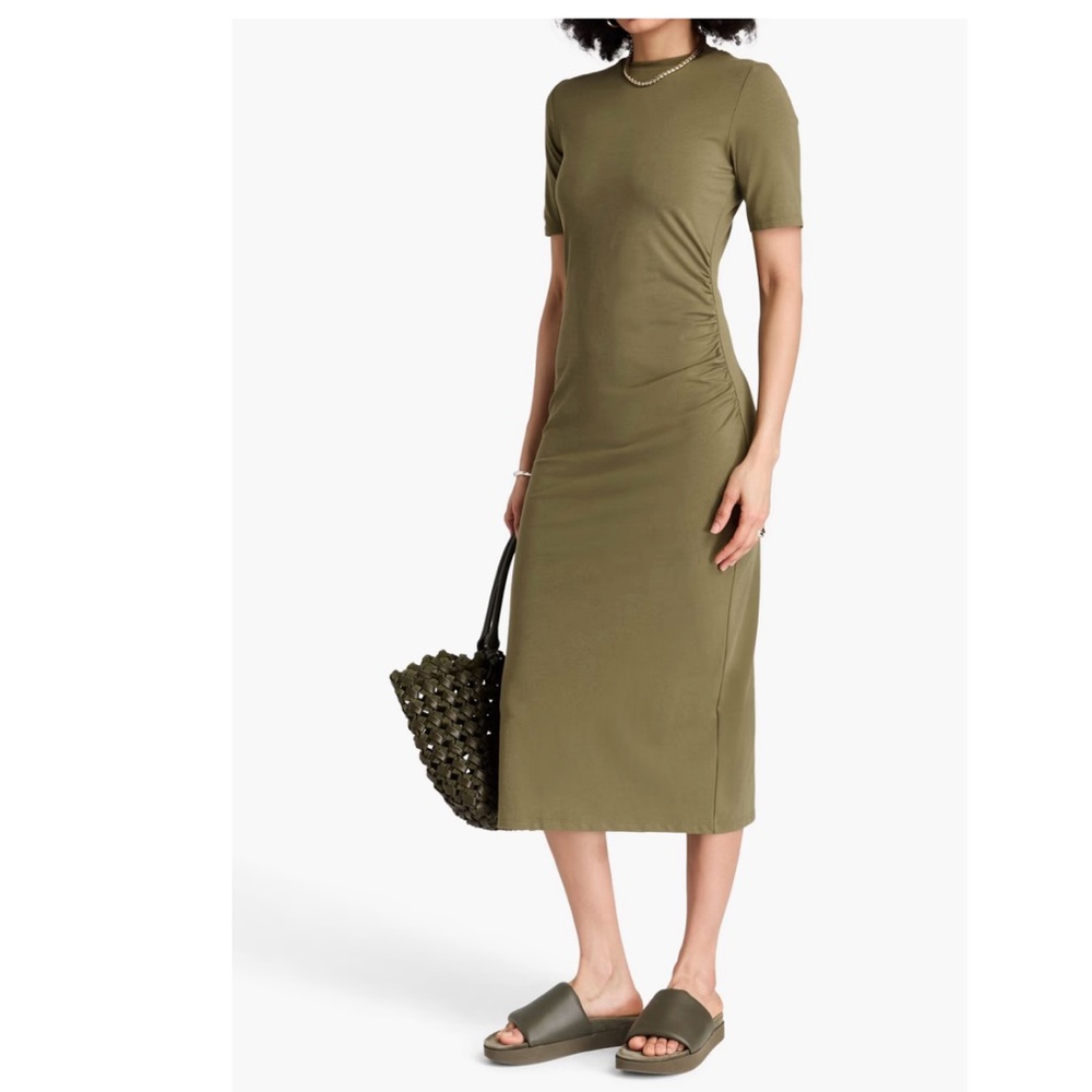 Vince ruched stretch-cotton jersey midi dress midi dress Medium Olive Green